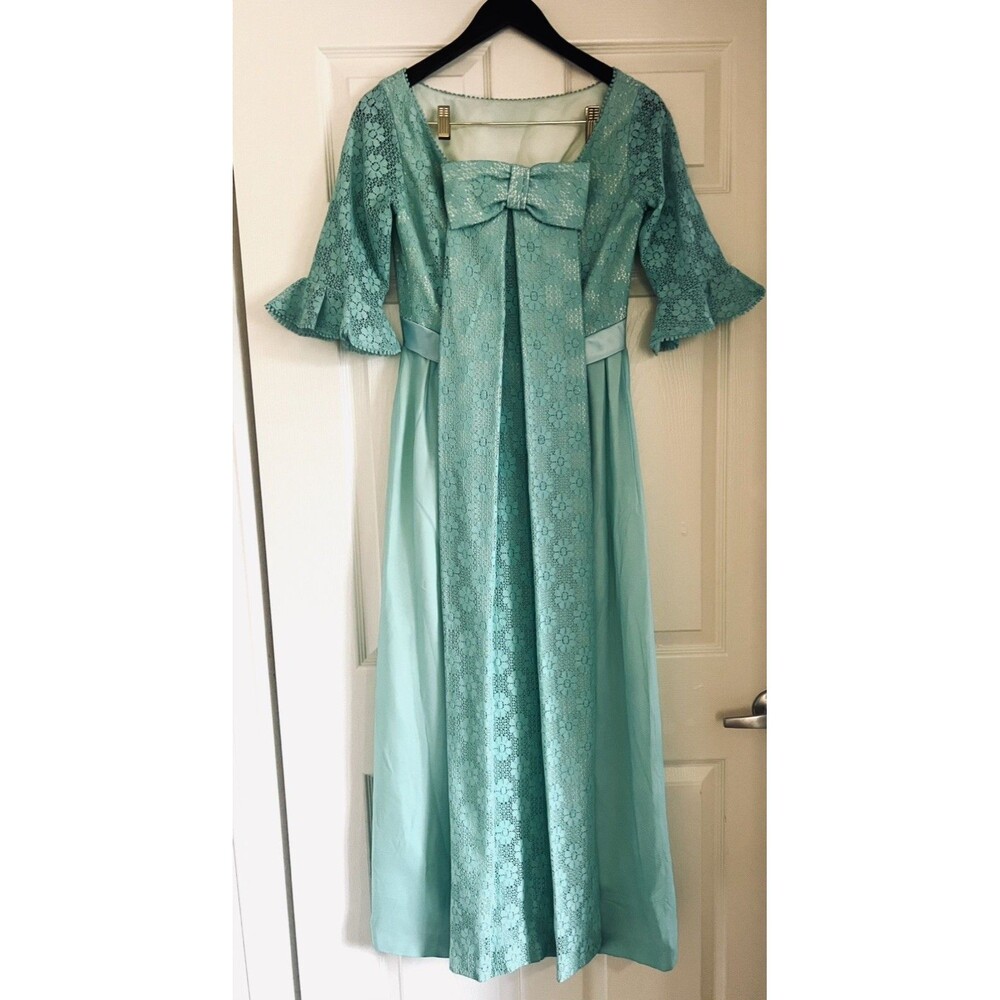 VTG 60s Mint Green Chiffon Lace Maxi Dress ILGWU Union Romantic Prairie  Gown